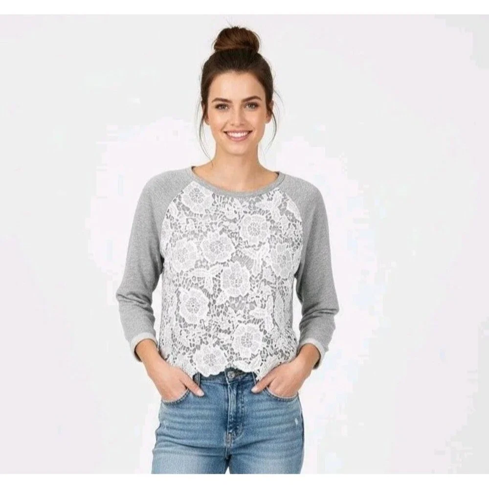 ​H&M Divided Grey Sweatshirt M White Floral Lace Overlay Raglan Pullover Crochet